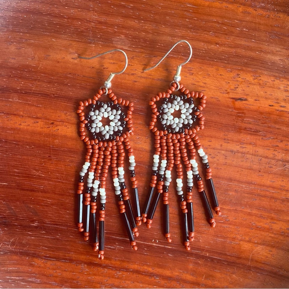 Handcrafted Beaded Earrings in Brown and White